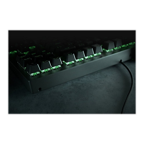 Detailaufnahme einer schwarzen Tastatur mit grüner Hintergrundbeleuchtung. Die Tasten sind beleuchtet und ein Kabel ist zu sehen.