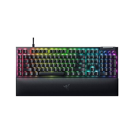 Schwarze Gaming-Tastatur mit farbiger Beleuchtung. Auf dem Handgelenkhalter steht das Razer-Logo.