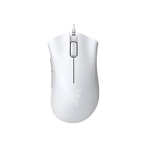 Weisse Gaming-Maus mit Razer-Logo auf weißem Hintergrund.