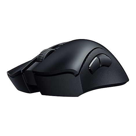 Schwarze Gaming-Maus mit seitlichen Tasten, Scrollrad und einem strukturierten Gehäuse. Die Maus ist auf weißem Hintergrund abgebildet.
