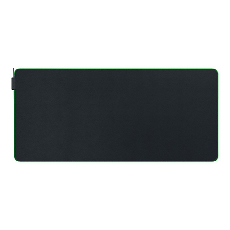 Rechteckiges, schwarzes Mauspad mit leuchtend grünem Rand und einem kleinen Razer-Logo auf der linken Seite.