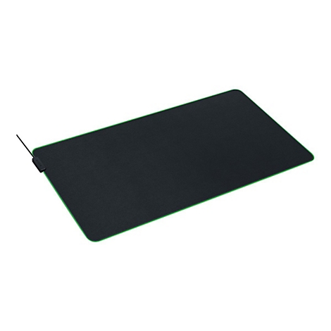 Schwarzes rechteckiges Gaming-Mauspad mit leuchtend grünem Rand und angeschlossenem USB-Kabel.