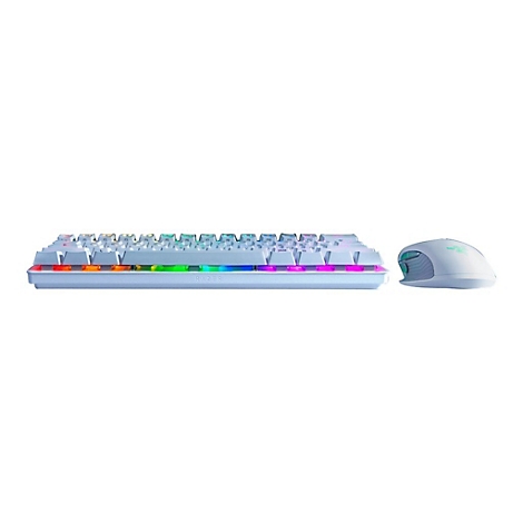 Weißes Gaming-Keyboard und Maus von Razer, RGB-Beleuchtung.