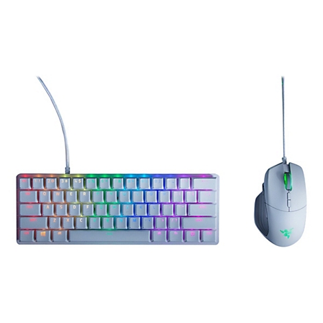 Graues Gaming-Keyboard und Maus, beide mit RGB-Beleuchtung und Kabeln auf weißem Hintergrund.