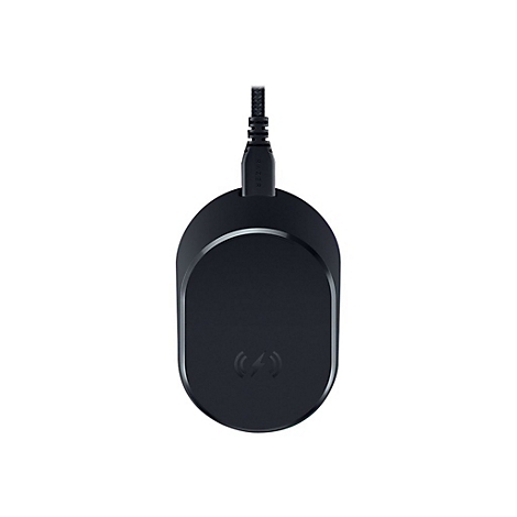 Drahtloses Ladegerät von Razer, schwarz. Oval, mit Razer-Logo und eingestecktem USB-Kabel.