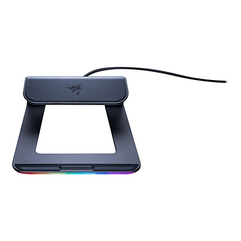 Schwarze Razer-Kopfhörerhalterung mit RGB-Beleuchtung. Aufschrift Razer und ein Kabel.