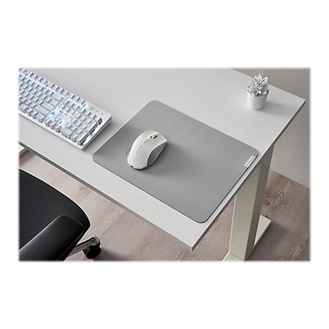 Ein Mauspad, eine weiÃŸe Maus und Tastatur liegen auf einem weiÃŸen Schreibtisch. Auf dem Schreibtisch steht eine kleine Topfpflanze.