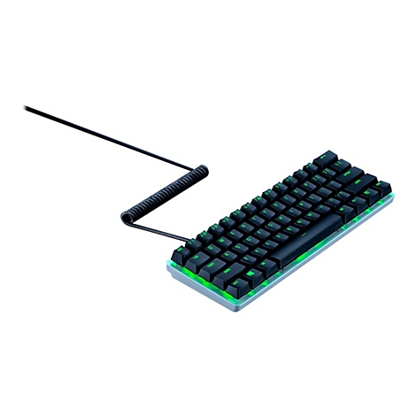 Kompakte Gaming-Tastatur mit schwarzem Gehäuse und leuchtend grüner Hintergrundbeleuchtung.