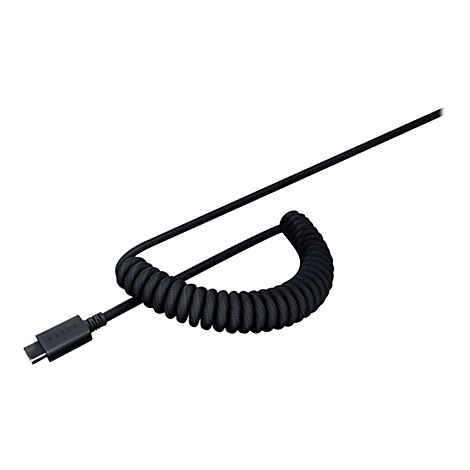 Schwarzes, ummanteltes Razer USB-C-Kabel mit Spirale vor weißem Hintergrund.