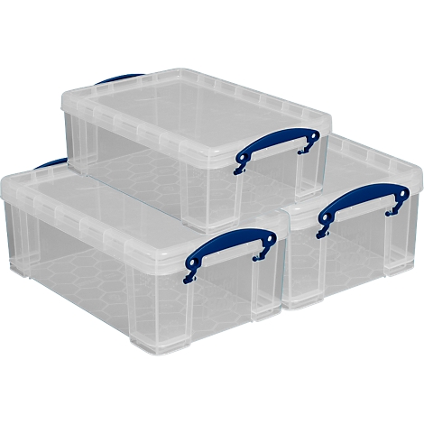 Three transparent storage boxes, all with blue handles.