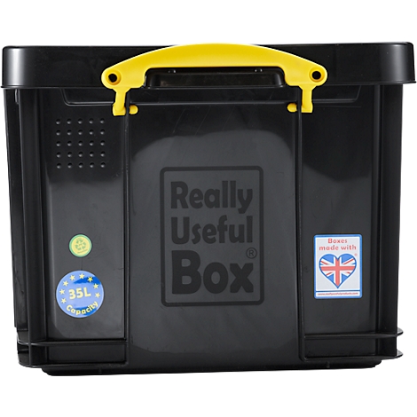Black storage box with yellow handle. It reads: Really Useful Box. Blue 35L capacity sticker and Union Jack heart sticker.