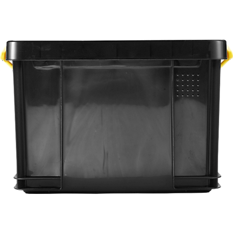 Black plastic box with yellow handles, photographed from the front.