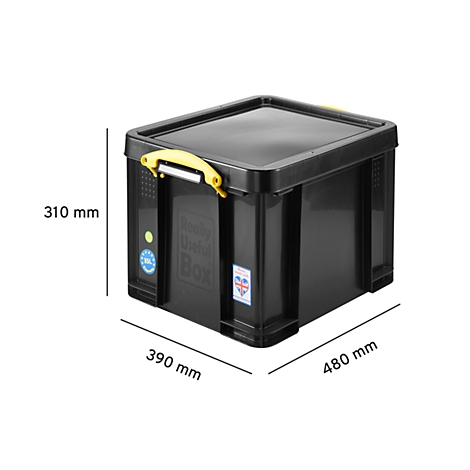 Black storage box with yellow handles, dimensions 480 x 390 x 310 mm. Inscription 'Really Useful Box'.