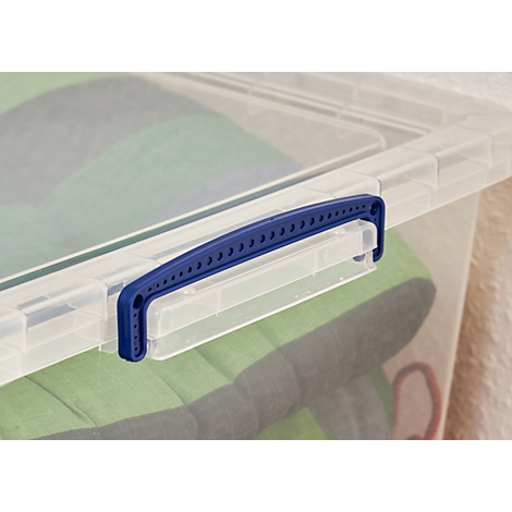 Close-up of a transparent storage box with a blue handle.