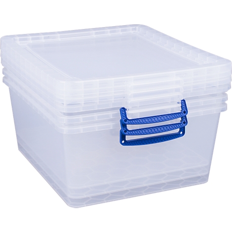 Transparent storage box with blue snap closure.