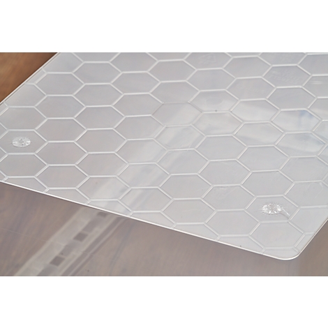 Light gray, transparent plastic plate with a hexagonal honeycomb pattern. Two raised, round knobs are visible.