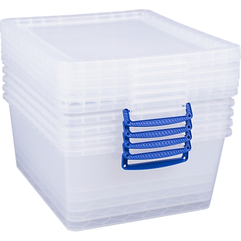 Stacked, transparent plastic boxes. Blue handles.