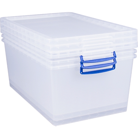 Transparent plastic box with blue closure and lid.