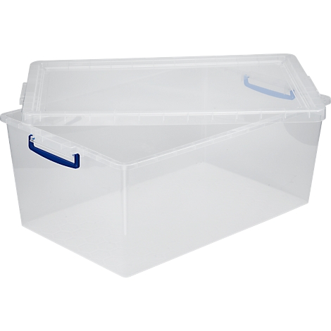 Transparent storage box with blue handle. Lid half open.