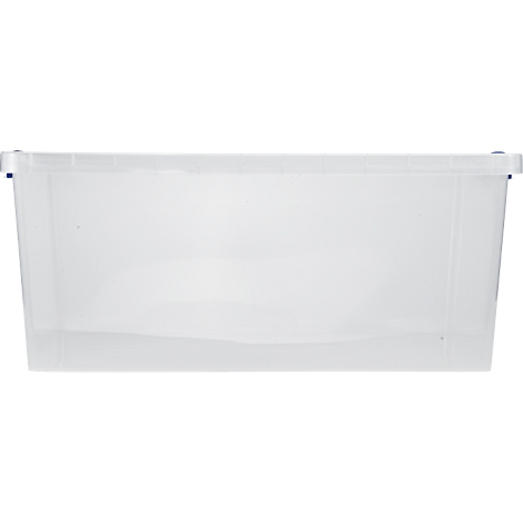 Transparent plastic box with lid. The box is rectangular and narrows from top to bottom.