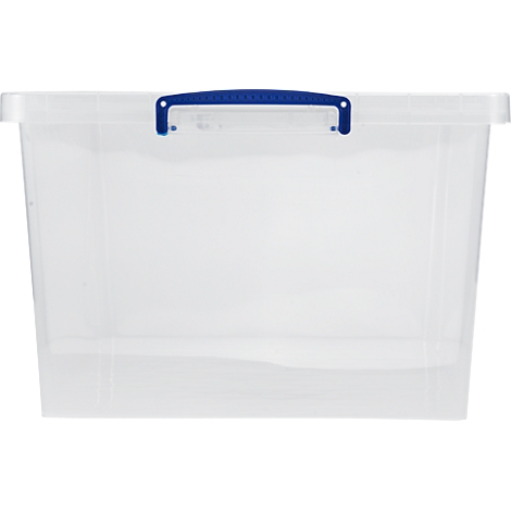 Transparent storage box with a blue handle. It is rectangular and made of plastic.
