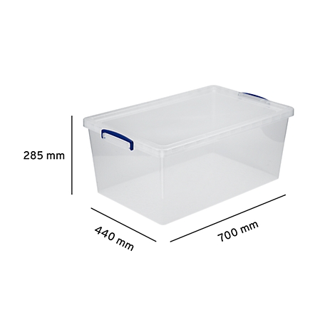 Transparent plastic box with blue handle, dimensions: 700 mm x 440 mm x 285 mm.