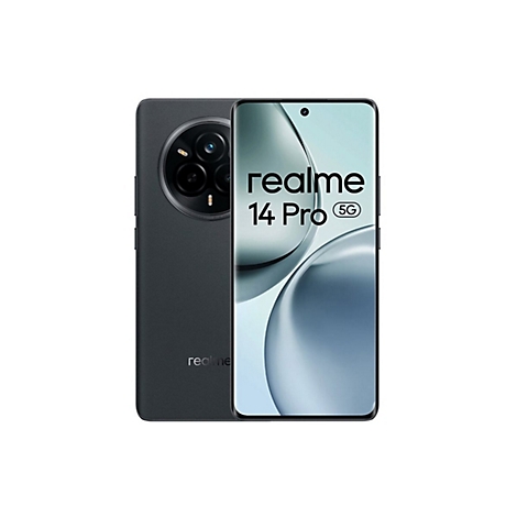 Dunkelgraues Smartphone Realme 14 Pro, Vorder- und Rückseite gezeigt.