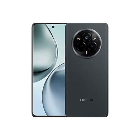Dunkelgraues Smartphone mit kreisförmiger Kameraanordnung. Auf der Rückseite ist das Realme-Logo zu sehen.