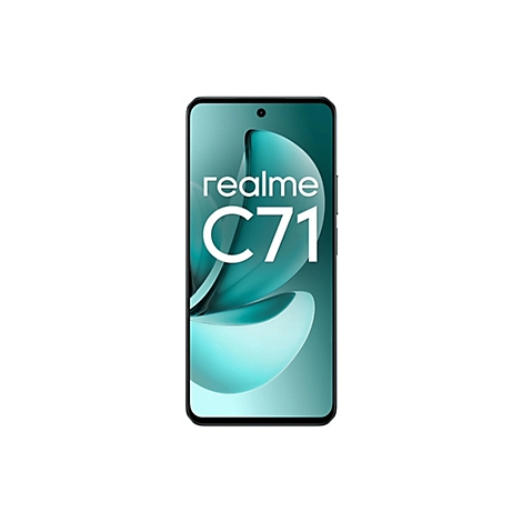 Frontansicht des realme C71 Smartphones mit grünem abstraktem Displayhintergrund vor weißem Hintergrund.