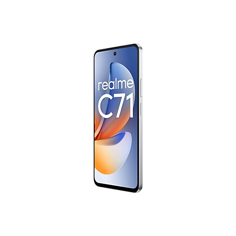 Ein Smartphone REALME C71, Silber, von vorn, auf weißem Hintergrund. Der Bildschirm zeigt das Logo und das Modell.
