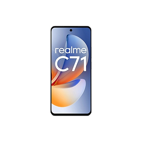 Ein Smartphone REALME C71 vor weißem Hintergrund. Der Bildschirm zeigt eine abstrakte farbige Illustration und das Logo.