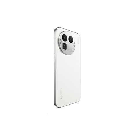 Weißes Realme Smartphone von schräg hinten mit markantem, rundem Kameramodul auf weißem Hintergrund.