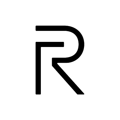 Schwarzes Logo mit einem abstrahierten „R“ und „F“ Zeichen auf weißem Hintergrund.