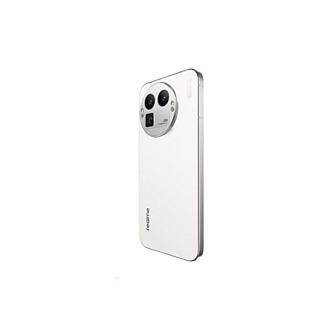 Weißes Realme Smartphone von schräg hinten mit großem, rundem Kameramodul auf weißem Hintergrund.