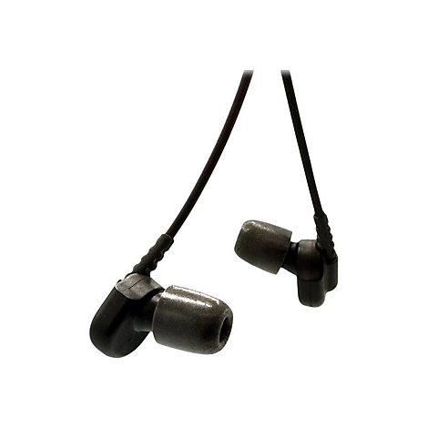 Zwei schwarze In-Ear-Kopfhörer vor weißem Hintergrund. Die Ohrhörer sind aus Gummi und durch ein Kabel verbunden.