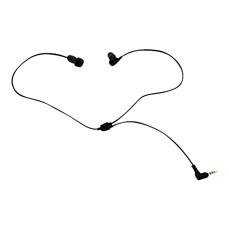 Schwarze In-Ear-Kopfhörer mit Kabel und gewinkeltem Klinkenstecker vor weißem Hintergrund.