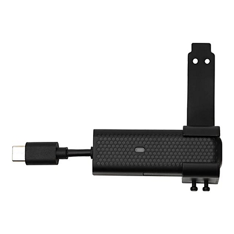 Schwarzer USB-C-Adapter mit Wabenstruktur und senkrechter Halterung vor weißem Hintergrund.