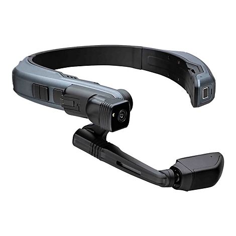Schwarzes, graues Headset mit Kamera, Mikrofon und Bildschirm, fÃ¼r Virtual-Reality-Anwendungen. Auf weiÃŸem Hintergrund.