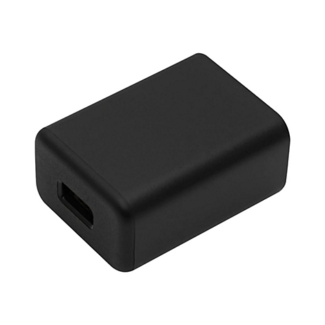 Schwarzes USB-Netzteil in kompakter, rechteckiger Form mit einem sichtbaren USB-Anschluss.