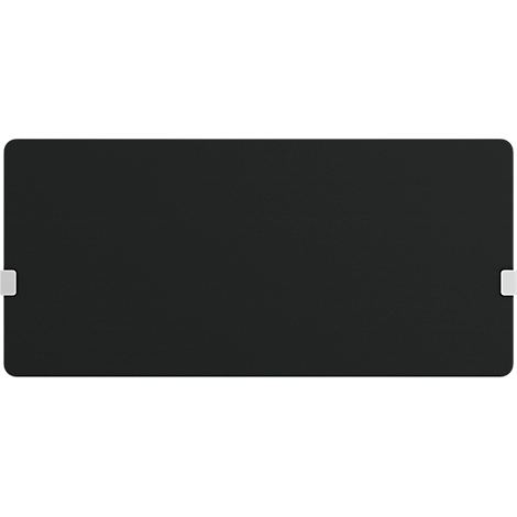 Black rectangular object with rounded corners. There are small, white elements on the short sides.