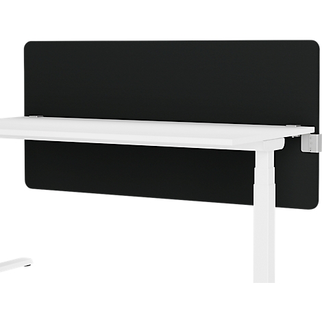 Desk with black screen, white table and metal bracket.