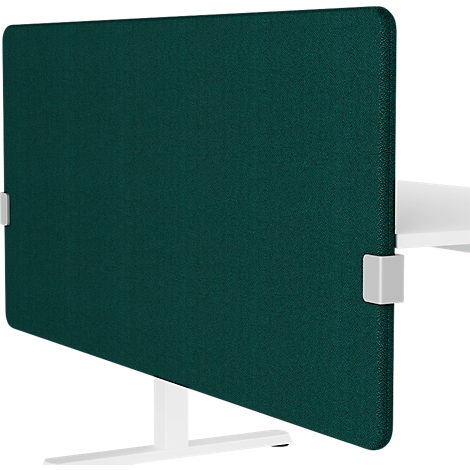 Dark green, rectangular desk partition made of fabric. It is mounted on a white desk and base.