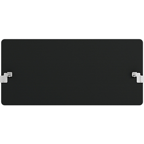Black rectangular plate with rounded corners. White brackets are on the short sides.