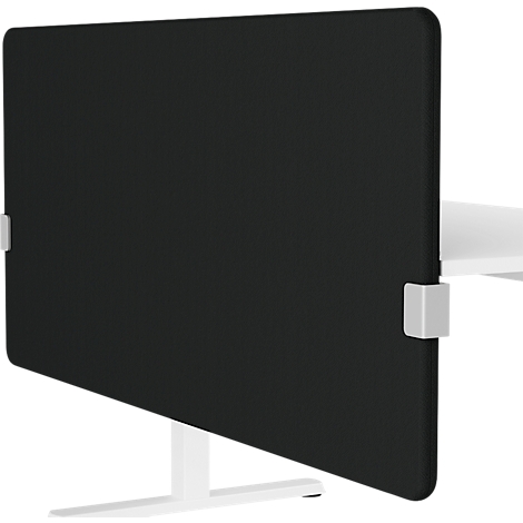 Black, rectangular desk attachment, fastened to a white table. It's attached with white clamps and stands on a white leg.