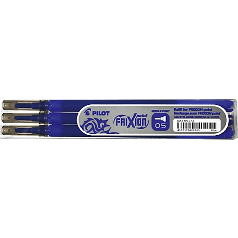 Tres recargas de tinta Pilot FriXion azules en un paquete transparente.