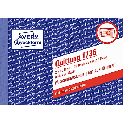 Blue sheet with text. Printed is Avery Zweckform, under it Receipt 1736. Logo with euro sign, text: tamper-proof.