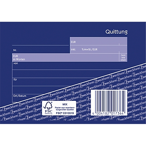 A blue receipt with text fields. "Receipt" is at the top. A barcode is on the bottom right.