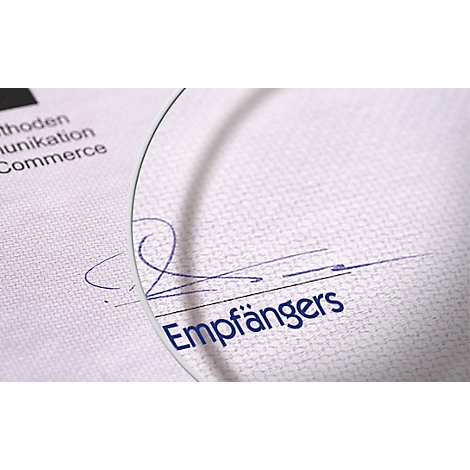 Close-up of a document with a blue signature and the word "Empfängers".