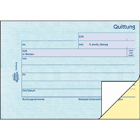 A receipt in light blue, with grey fields to fill in. The corner is bent.