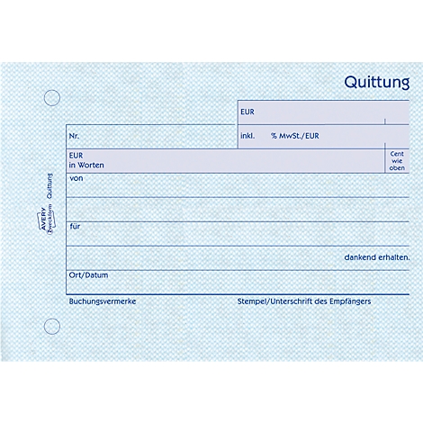 Receipt form with fields for amount, VAT, date and signature. The receipt has a blue pattern and is in German.